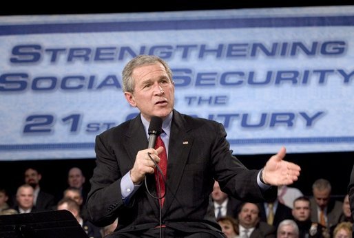President George W. Bush discusses Social Security in Westfield, N.J., Friday, March 4, 2005. White House photo by Paul Morse