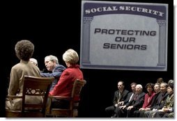 President George W. Bush participates in a conversation on strengthening Social Security at the Cannon Center for the Performing Arts in Memphis, Tenn., Friday, March 11, 2005.  White House photo by Paul Morse