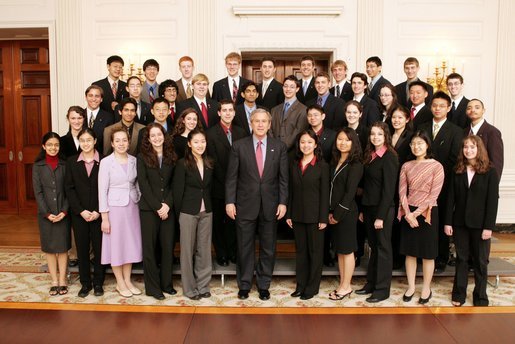 President George W. Bush meets the 40 finalists of the 2005 Intel Science Talent Search in the East Room of the White House, Monday, March 14, 2005. The science competition, known as the junior Nobel Prize, allows U.S. high school seniors to complete an original research project that is reviewed by a national jury of professional scientists. White House photo by Susan Sterner