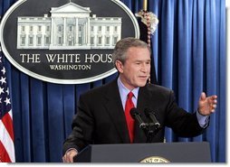 President George W. Bush holds a press conference in the James S. Brady Press Briefing Room at the White House Wednesday, March 16, 2005. "Iraq had a meeting today of its transitional national assembly. It's a bright moment in what is a process toward the writing of a constitution, the ratification of the constitution, and elections," said the President covering a wide range of topics.  White House photo by Paul Morse