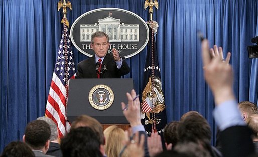 President George W. Bush calls on reporters during his press conference in the James S. Brady Press Briefing Room at the White House Wednesday, March 16, 2005. White House photo by Paul Morse