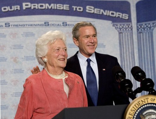 Former First Lady Barbara Bush introduces her son President George W. Bush during a discussion on strengthening Social Security at the Lake Nona YMCA Family Center in Orlando, Fla., Friday, Mar. 18, 2005. White House photo by Eric Draper