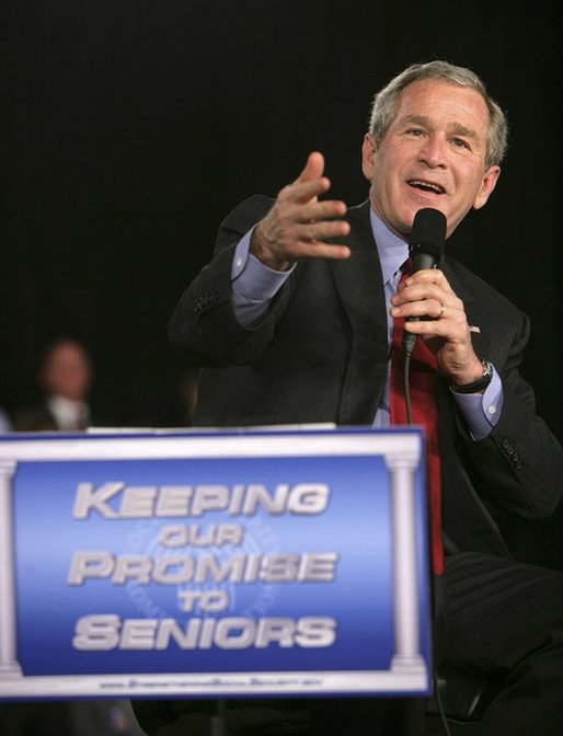 President George W. Bush emphasizes a point as he talks about strengthening Social Security Monday, March 21, 2005, to senior citizens at the Tucson Convention Center in Tucson, Ariz. White House photo by Eric Draper