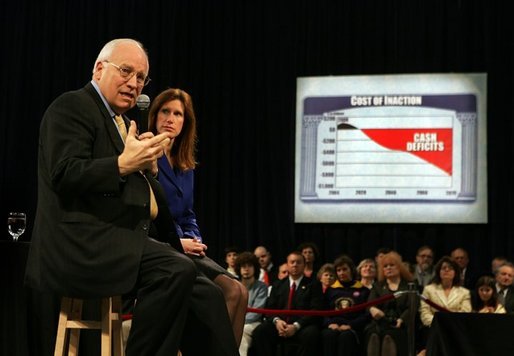 Vice President Dick Cheney speaks about Social Security reform with Rep. Melissa Hart, R-Pa., during a town hall meeting at La Roche College in Pittsburgh, Pa., Thursday, March 24, 2005. White House photo by David Bohrer