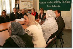Mrs. Laura Bush is joined by Margaret Spellings, Secretary of Education, during a visit Wednesday, March 30, 2005, to the Women's Teacher's Training Institute in Kabul, Afghanistan.  White House photo by Susan Sterner