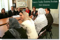 Mrs. Laura Bush is joined by Margaret Spellings, Secretary of Education, during a visit Tuesday, March 29, 2005, to the Women's Teacher's Training Institute in Kabul, Afghanistan. White House photo by Susan Sterner