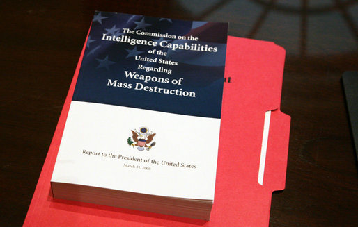 A copy of the 13-chapter report issued Thursday, March 31, 2005, by the Commission on the Intelligence Capabilities of the United States Regarding Weapons of Mass Destruction. White House photo by Eric Draper
