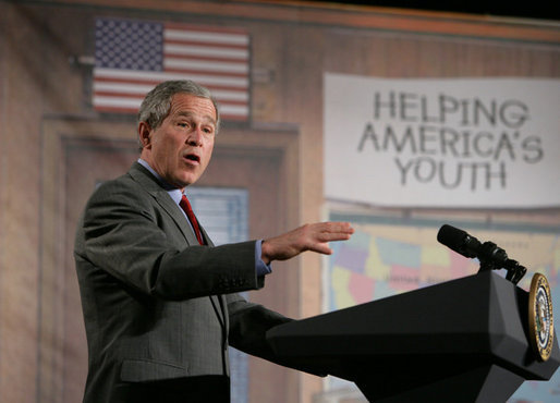 President George W. Bush addresses an estimated 600 faith-based and community practitioners and members of the local community interested in mentoring programs and prisoner re-entry issues during an appearance Friday, April 1, 2005, at Paul Public Charter School in Washington DC. The president was promoting his Helping America's Youth initiative. White House photo by Eric Draper