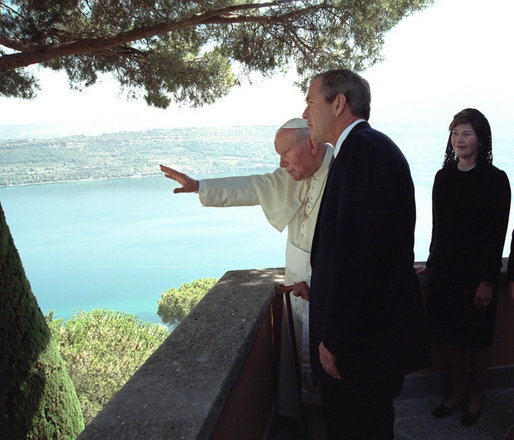 President George W. Bush and Mrs. Bush are given a tour by the Pope in August 2001 of his country retreat, Castel Gandolfo. White House photo by Eric Draper