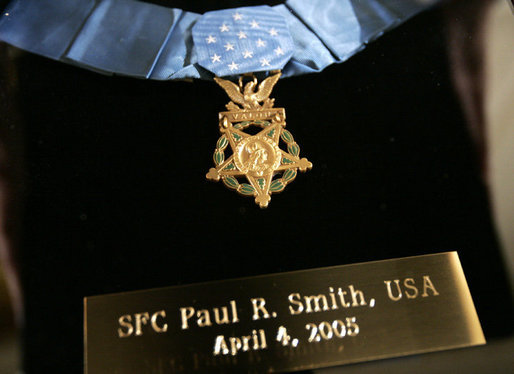 The Medal of Honor for Sgt. 1st Class Paul Smith. Awarded posthumously Monday, April 4, 2005, during ceremonies at the White House.White House photo by Paul Morse