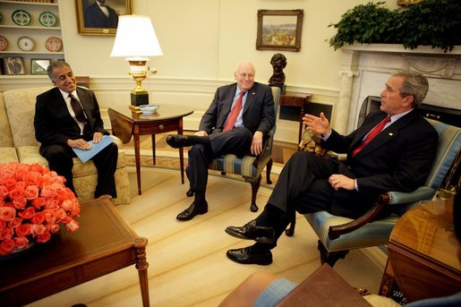 President George W. Bush, Vice President Dick Cheney and Secretary of State Condoleezza Rice (not pictured) meet with Zalmay Khalilzad, Ambassador to Afghanistan, Tuesday, April 5, 2005, in the Oval Office. White House photo by Eric Draper