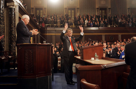 Ukrainian President Viktor Yushchenko responds to a standing ovation from Vice President Dick Cheney and congressional members shortly before addressing a joint session of Congress at the U.S. Capitol in Washington, D.C., Wednesday, April 6, 2005. President Yuschenko met with President Bush earlier this week. White House photo by David Bohrer