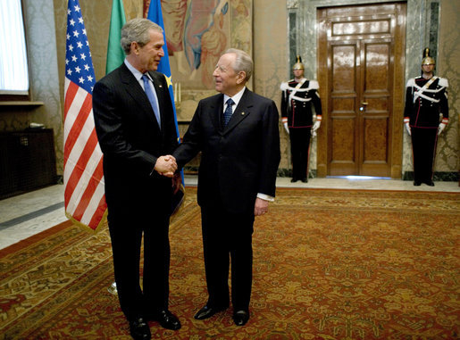 President George W. Bush is greeted upon his arrival to Quirinale Palace by Italy's President Carlo Ciampi Thursday, April 7, 2005. President Bush made the courtesy call while in Rome for the Friday funeral of Pope John Paul II. White House photo by Eric Draper