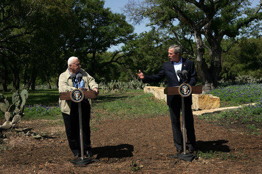 Israeli Prime Minister Ariel Sharon and President George W. Bush hold a press conference after meeting at the President's Ranch in Crawford, Texas, Monday, April 11, 2005. "I strongly support his courageous initiative to disengage from Gaza and part of the West Bank. The Prime Minister is willing to coordinate the implementation of the disengagement plan with the Palestinians. I urge the Palestinian leadership to accept his offer," said President Bush. White House photo by David Bohrer