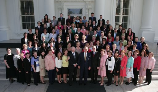 President George W. Bush poses for a photograph with the recipients of the 2004 Presidential Award for Excellence in Mathematics and Science Teaching on the North Portico of the White House Thursday, April 14, 2005. White House photo by Paul Morse