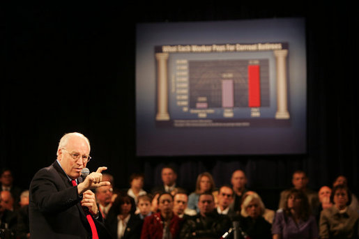 Vice President Dick Cheney discusses Social Security during a town hall meeting at Burlington Community College in Pemberton Township, N.J., Friday, April 15, 2005. White House photo by David Bohrer