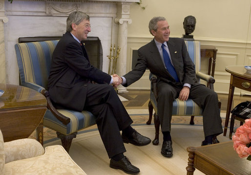 President George W. Bush meets with the Prime Minister Jean-Claude Juncker of Luxembourg in the Oval Office Friday, April 15, 2005. White House photo by Krisanne Johnson