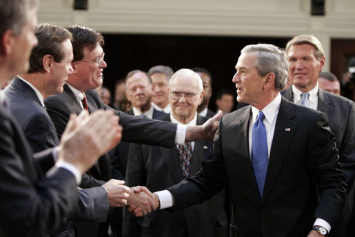 President George W. Bush greets South Carolina legislators upon his arrival to the State House in the state capitol Monday, April 18, 2005.White House photo by Paul Morse