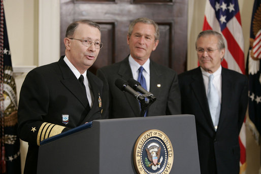  President George W. Bush and Secretary of Defense Donald Rumsfeld listen as Admiral Edmund Giambastiani, Jr., speaks to the media Friday, April 22, 2005, at the White House after being nominated by the President as Vice Chairman of the Joint Chiefs of Staff. Admiral "G" presently is Commander of the U.S. Joint Forces Command in Norfolk and first Supreme Allied Commander for Transformation. White House photo by Paul Morse