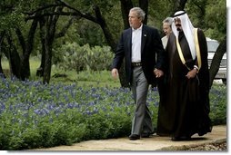 President George W. Bush welcomes Saudi Crown Prince Abdullah to his ranch Monday, April 25, 2005, in Crawford, Texas. The President told the media on hand he looked forward to "talking with him about a variety of subjects."  White House photo by David Bohrer