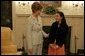 Laura Bush meets with 17-year-old Farah Ahmedi, author of the book, "The Story of My Life: An Afghan Girl on the Other Side of the Sky," in the Diplomatic Reception Room at the White House May 5, 2005. In her book, Farah, who now lives near Chicago, recounts her life in war-time Afghanistan. White House photo by Krisanne Johnson