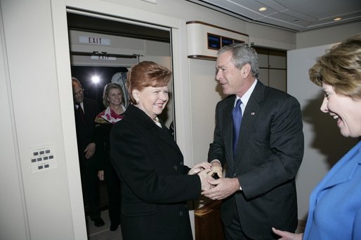 President and Mrs. Bush are greeted aboard Air Force One by Latvian President Vaira Vike-Freiberga after they arrived Friday, May 6, 2005, in Riga. The President and Mrs. Bush are on a four-day visit to Europe that will include stops in Latvia, the Netherlands, Georgia and Russia. White House photo by Eric Draper