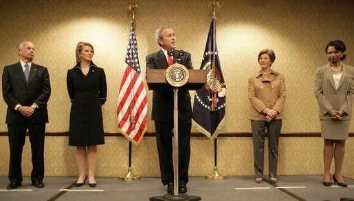 Accompanied by Laura Bush and Secretary of State Condoleezza Rice, President George W. Bush addresses U.S. Embassy families and staff in Latvia Saturday, May 7, 2005. Pictured at left are U.S. Ambassador to Latvia, Catherin T. Bailey, and her husband, Irving Bailey II. White House photo by Eric Draper