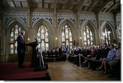 Delivering an address during the 60th anniversary week of WWII, President George W. Bush tells the story of Latvian sailors on eight freighters who disobeyed orders from a puppet government and remained at sea to help the U.S. Merchant Marines during the war at The Small Guild Hall in Riga, Latvia, Saturday, May 7, 2005. “By the end of the war, six of the Latvian ships had been sunk, and more than half the sailors had been lost,” said President Bush. “Nearly all of the survivors settled in America, and became citizens we were proud to call our own.”  White House photo by Krisanne Johnson