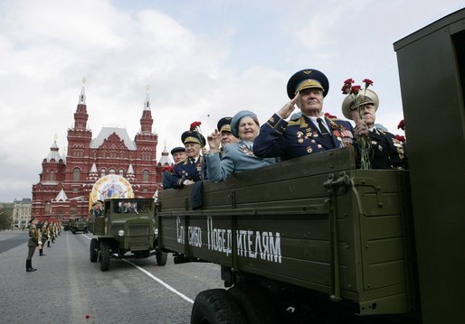 Veterans of Russia's military ride through Moscow's Red Square in a parade commemorating the end of World War II Monday, May 9, 2005. White House photo by Eric Draper