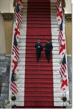 President George W. Bush and Georgian President Mikhail Saakashvili leave a press availability Tuesday, May 10, 2005, at the Georgian Parliament in Tbilisi.  White House photo by Eric Draper