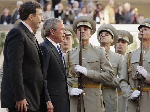 Troops stand at attention as President George W. Bush and Georgian President Mikhail Saakashvili review the troops during an arrival ceremony in Tiblisi Tuesday, May 10, 2005. White House photo by Paul Morse