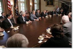 President George W. Bush discusses his recent trip to Latvia, the Netherlands, Russia, and Georgia to members of Congress Wednesday, May 11, 2005, during a gathering in the Cabinet Room of the White House. Said the President, "It was a great trip, and it's such an honor to represent the United States."  White House photo by Paul Morse