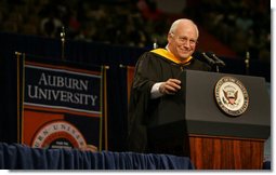 Vice President Dick Cheney smiles after making a joke during his commencement speech at Auburn University in Auburn, Alabama, to a crowd of over 9,000 graduating students and family members Friday, May 13, 2005. White House photo by David Bohrer