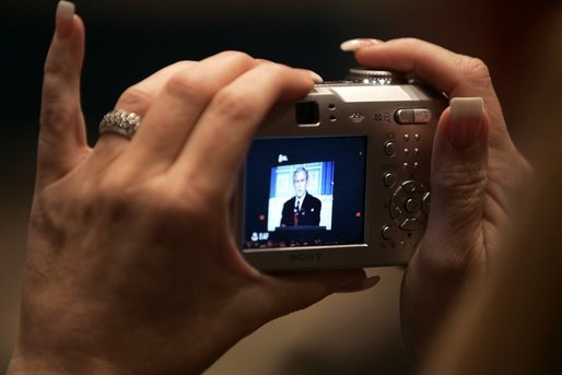 President George W. Bush is shown through a camera's display Friday, May 13, 2005, as he addresses the National Association of Realtors at the Marriott Wardman Park Hotel in Washington D.C. White House photo by Paul Morse