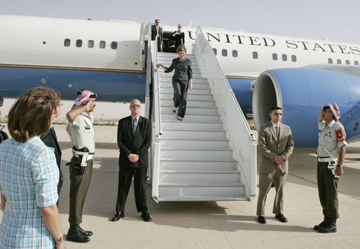 Laura Bush arrives at Queen Alia airport in Amman, Jordan May 20, 2005, beginning a five-day tour of Jordan, Israel and Egypt. Mrs. Bush traveled to Jordan to address the World Economic Forum at the Dead Sea May 21. White House photo by Krisanne Johnson