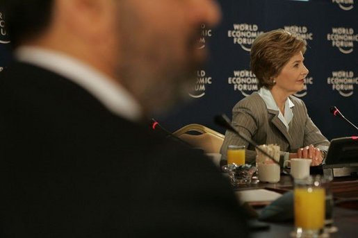 Laura Bush participates in a roundtable discussion with Arab youth after speaking at the World Economic Forum at the Dead Sea in Jordan, Saturday, May 21, 2005. White House photo by Krisanne Johnson