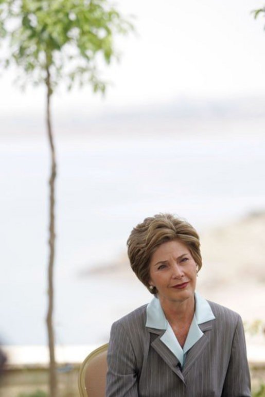 Laura Bush participates in an interview with Neda Ramahi of Jordanian television and radio at the Dead Sea in Jordan Saturday, May 21, 2005. White House photo by Krisanne Johnson