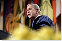 President George W. Bush gives a commencement address to the students and faculty of Calvin College in Grand Rapids, Michigan on Saturday May 21. White House photo by Paul Morse