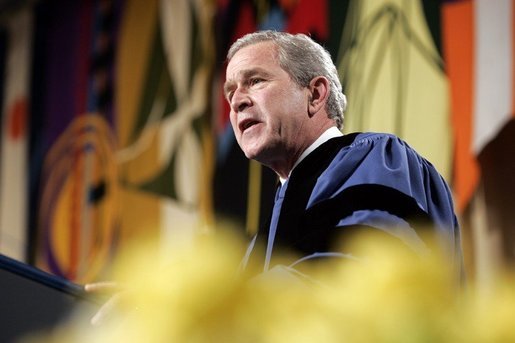 President George W. Bush gives a commencement address to the students and faculty of Calvin College in Grand Rapids, Michigan on Saturday May 21. White House photo by Paul Morse