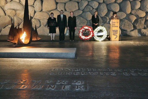 Laura Bush lays a wreath at Yad Vashem’s Hall of Remembrance after touring the Holocaust museum in Jerusalem, Sunday, May 22, 2005. White House photo by Krisanne Johnson