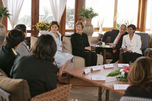 Laura Bush talks with Palestinian women about women’s rights at the Jericho Intercontinental Hotel in Jericho, Sunday, May 22, 2005. White House photo by Krisanne Johnson