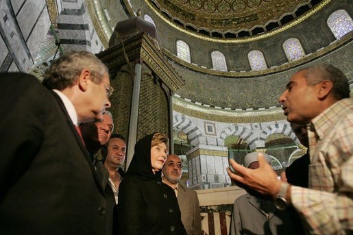Laura Bush takes a tour lead by Adnan Husseini inside the Muslim holy shrine the Dome of the Rock in the Muslim Quarter of Jerusalem’s Old City, May 22, 2005. White House photo by Krisanne Johnson