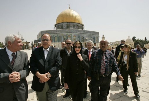 Laura Bush departs the Dome of the Rock after taking a tour of the shrine in the Muslim Quarter of the Old City of Jerusalem, Sunday, May 22, 2005. White House photo by Krisanne Johnson