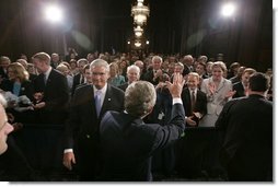 President George W. Bush waves to the audience during the swearing-in ceremony of Steve Johnson as the EPA Administrator in Washington, D.C., Monday, May 23, 2005.  White House photo by Paul Morse