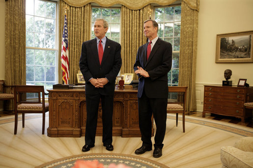 President George W. Bush stands with Rep. Christopher Cox, his nominee for Chairman of the Securities and Exchange Commission, Thursday, June 2, 2005, in the Oval Office. Said the President of the Congressman, "As a champion of the free enterprise system in Congress, Chris Cox knows that a free economy is built on trust." White House photo by Eric Draper
