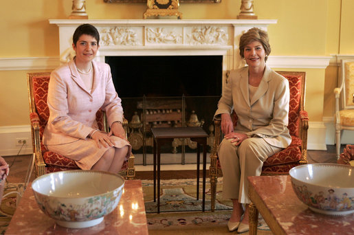 Laura Bush meets with Klara Dobrev, wife of Prime Minister of Hungary, in the Yellow Oval Room in the private residence of the White House Monday, June 6, 2005. White House photo by Paul Morse