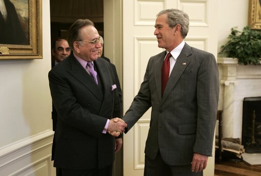 President George W. Bush welcomes Foreign Minister Kurshid Mahmood Kasuri of Pakistan to the Oval Office Thursday, June 9, 2005. White House photo by Paul Morse