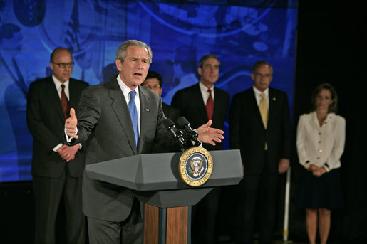 President George W. Bush discusses the Patriot Act at the National Counterterrorism Center in McLean, Va., Friday, June 10, 2005. "The Patriot Act has made a difference for those on the front line of taking the information you have gathered and using it to protect the American people," said the President. White House photo by Eric Draper