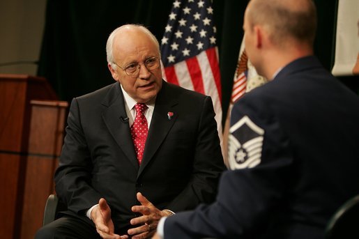 Vice President Dick Cheney participates in an interview with Sean Lehman of the Pentagon Channel TV and Radio Service during a visit to the U.S. Special Operations Command headquarters at MacDill Air Force Base in Tampa, Fla., Friday, June 10, 2005. White House photo by David Bohrer