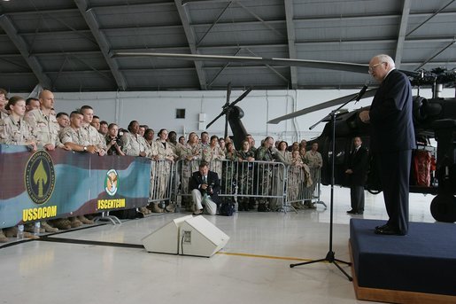 Vice President Dick Cheney addresses U.S. military and their families during a visit to MacDill Air Force Base in Tampa, Fla., Friday, June 10, 2005. White House photo by David Bohrer